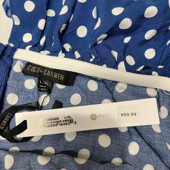 Coco‎ Carmen Blue White Polka Dot Off Shoulder Tiered Ruffle Maxi Dress L XL NWT - Picture 7 of 7